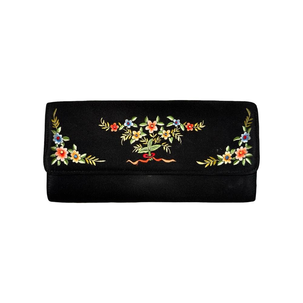 Floral Embroidered Fabric Clutch Handbag Zip Closure